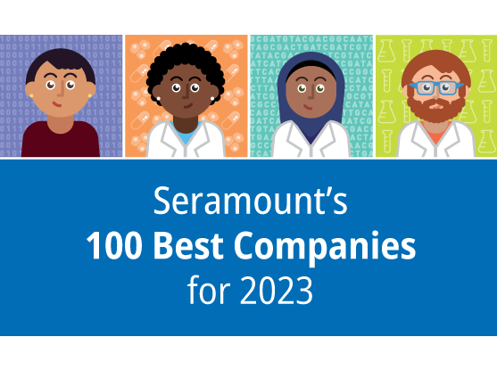 Text with blue background that says "Seramount's 100 Best Companies for 2023". Above, there are cartoon illustrations of four different working parents.