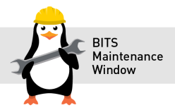 A penguin in a hard hat holding wrench next to the words "BITS Maintenance Window"