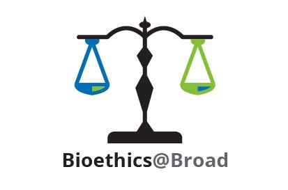 A black scale with items balanced on either side. One side in blue and green and the other with colors reversed. Text underneath reads Bioethics@Broad.