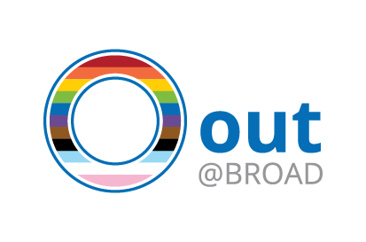 out@broad logo: a block letter "O" with the progress pride flag colors inside