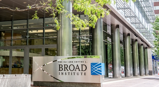 The Broad Institute sign show outside the entrance to Broad's 415 Main Street entrance.
