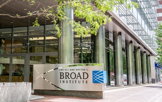 The Broad Institute sign show outside the entrance to Broad's 415 Main Street entrance.