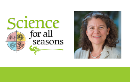Science for all seasons logo with a photo of Heidi Rehm on the right.