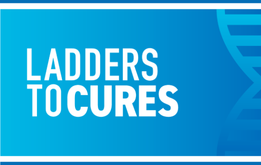 Ladders to cures logo on a blue background with a DNA icon on the side