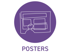 An illustration of a person visiting a poster and the word Posters beneath